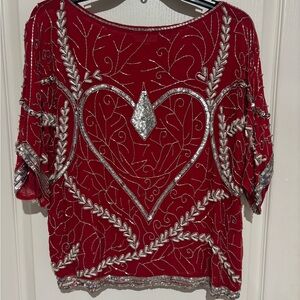 Dominique Red and Silver Heart Embellished Blouse